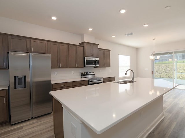 kitchen with pendant lighting, sink, stainless steel appliances, and an island with sink