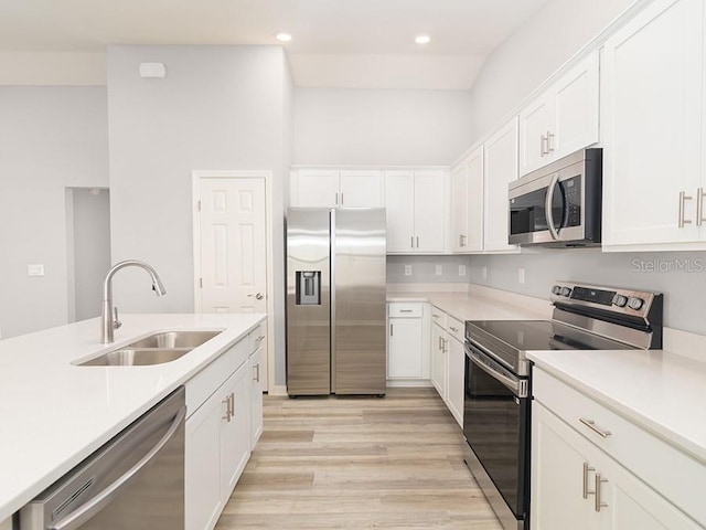 kitchen featuring sink, white cabinetry, stainless steel appliances, and light hardwood / wood-style floors