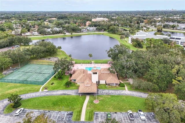 birds eye view of property featuring a water view