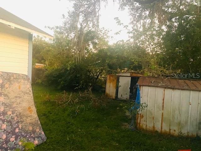 view of yard with a storage shed