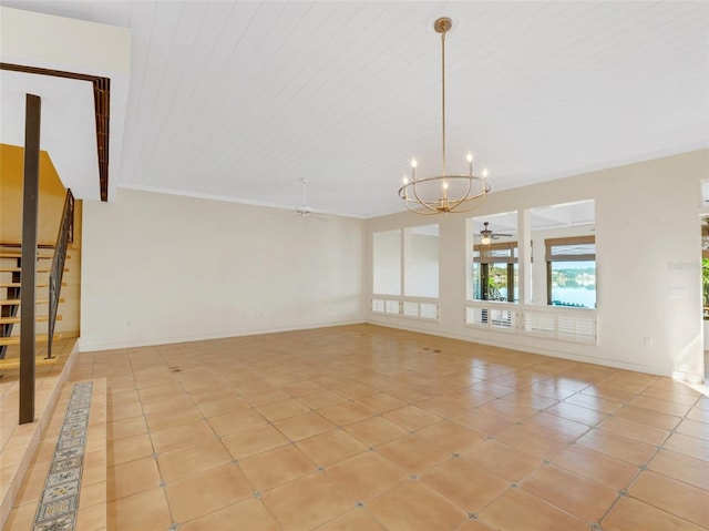 unfurnished living room with crown molding, light tile patterned floors, and ceiling fan with notable chandelier