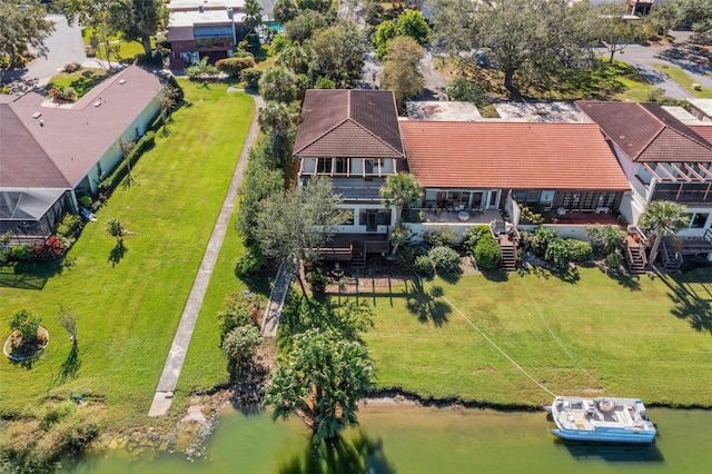 aerial view featuring a water view