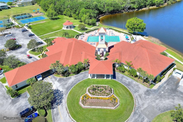 drone / aerial view featuring a water view