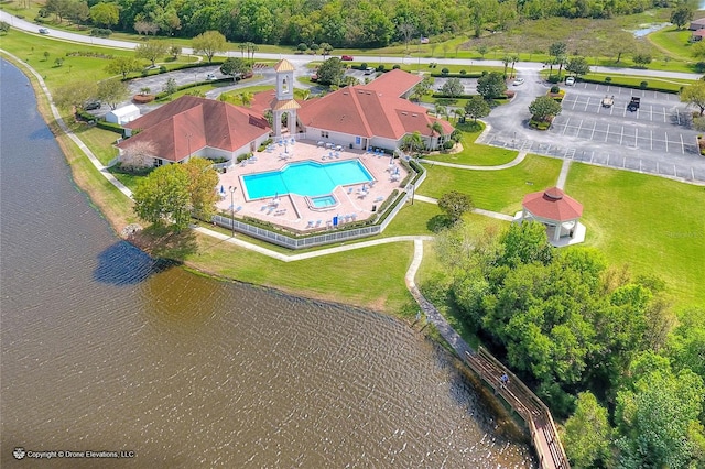 drone / aerial view featuring a water view