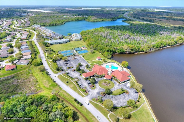 bird's eye view with a water view