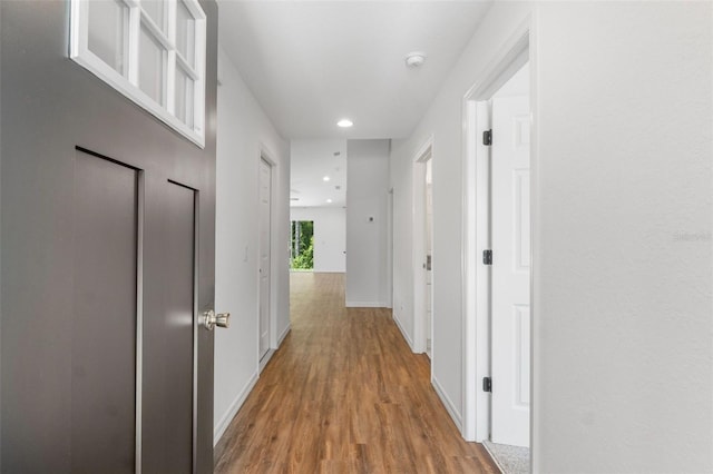 corridor with hardwood / wood-style floors