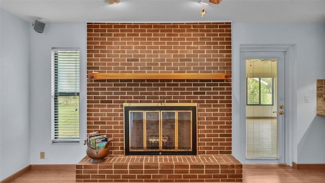 details featuring wood-type flooring and a brick fireplace