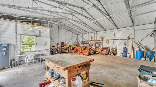 garage with a workshop area