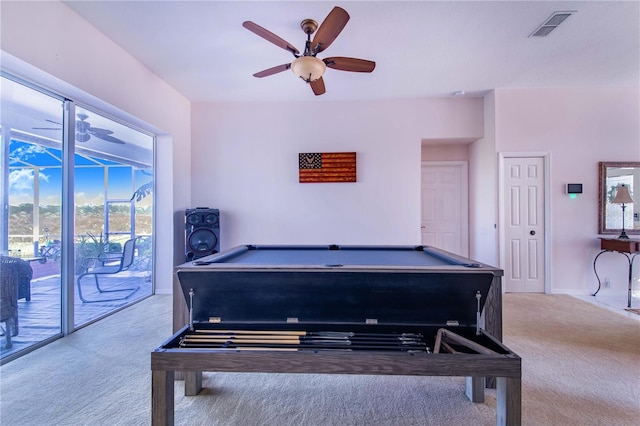 recreation room with ceiling fan, light carpet, and billiards