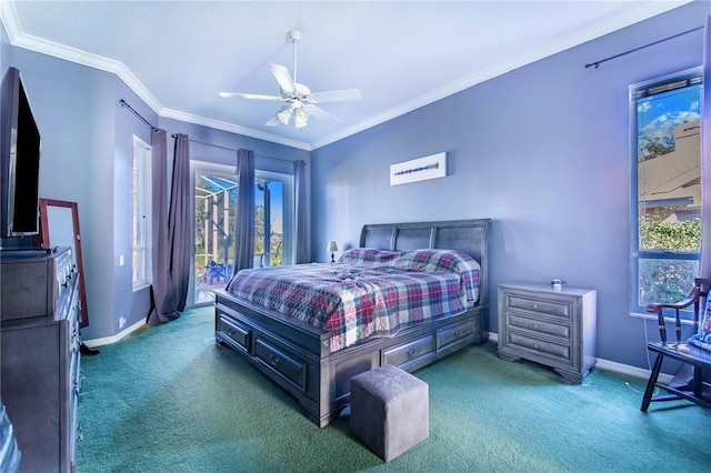 bedroom with dark colored carpet, ceiling fan, access to exterior, and crown molding