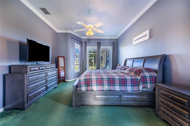 carpeted bedroom with ceiling fan and crown molding