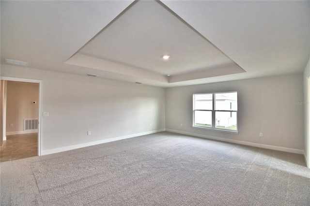 spare room with carpet flooring and a tray ceiling