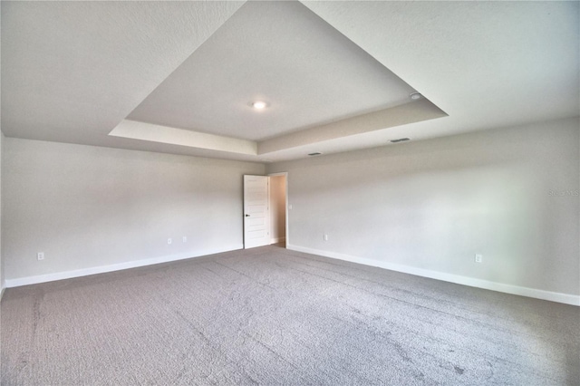 empty room featuring a raised ceiling and carpet floors