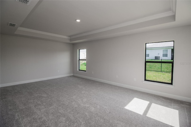 unfurnished room featuring carpet floors, a tray ceiling, and crown molding