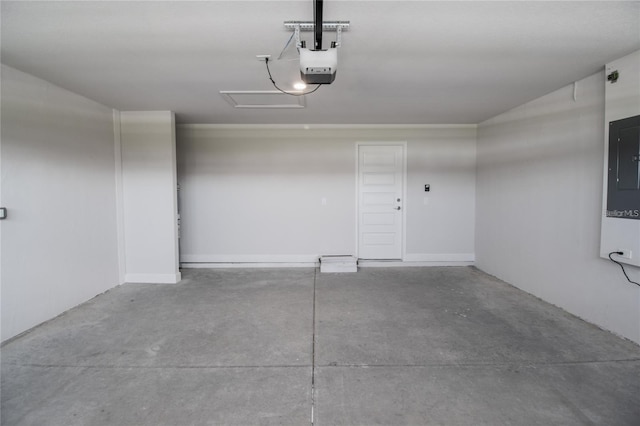 garage featuring electric panel and a garage door opener