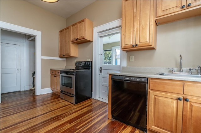 kitchen featuring dishwasher, dark hardwood / wood-style flooring, stainless steel range with electric cooktop, and sink