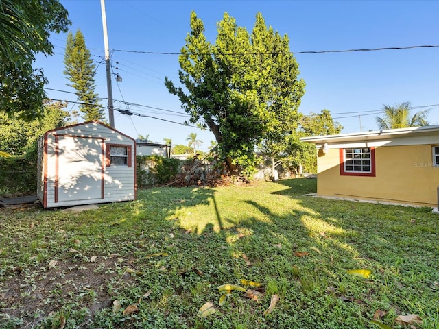 view of yard with a storage shed