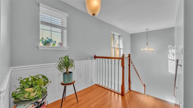 staircase featuring hardwood / wood-style floors and a chandelier