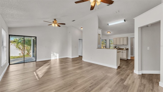 unfurnished living room with a textured ceiling, a wealth of natural light, light hardwood / wood-style flooring, and vaulted ceiling