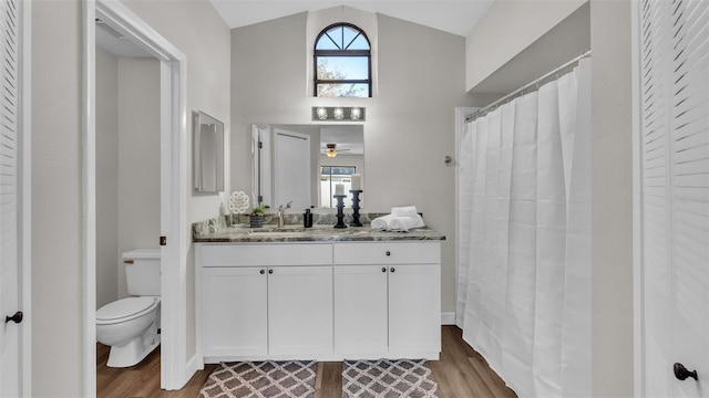 bathroom featuring ceiling fan, wood-type flooring, vaulted ceiling, toilet, and vanity