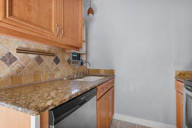 kitchen featuring backsplash, stone counters, sink, stainless steel dishwasher, and light tile patterned flooring