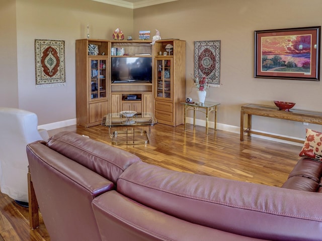 living room with hardwood / wood-style floors and ornamental molding