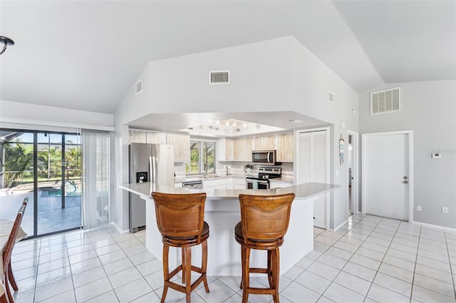 kitchen featuring a kitchen breakfast bar, a kitchen island, sink, and stainless steel appliances