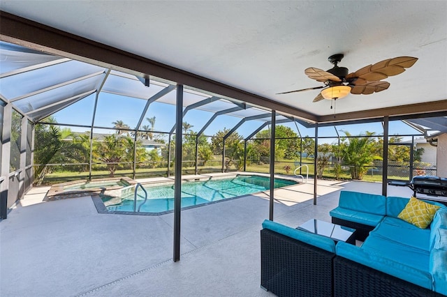 view of swimming pool with a patio area, an in ground hot tub, glass enclosure, and an outdoor living space