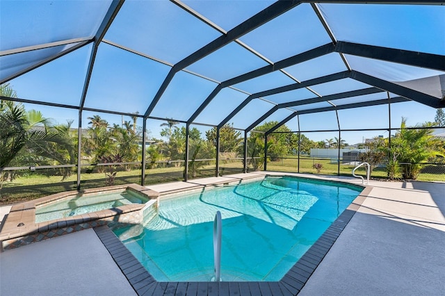 view of pool featuring glass enclosure, an in ground hot tub, and a patio area