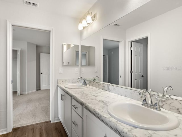 bathroom with hardwood / wood-style floors and vanity