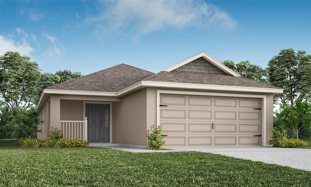 ranch-style house with a porch, a garage, and a front lawn