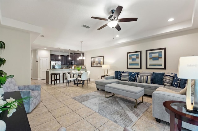 8205 Roseville, Davenport, FL 33896 - living room featuring a ceiling fan, light tile patterned floors, and recessed lighting