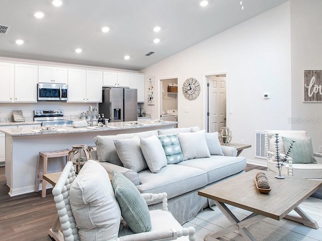 living room featuring sink, dark wood-type flooring, and vaulted ceiling