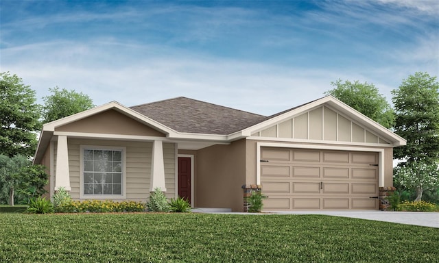 ranch-style house featuring a garage and a front lawn