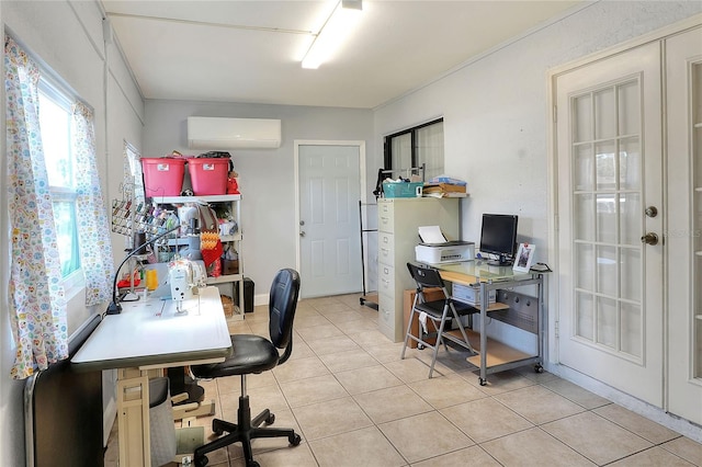 tiled office space with a wall mounted AC