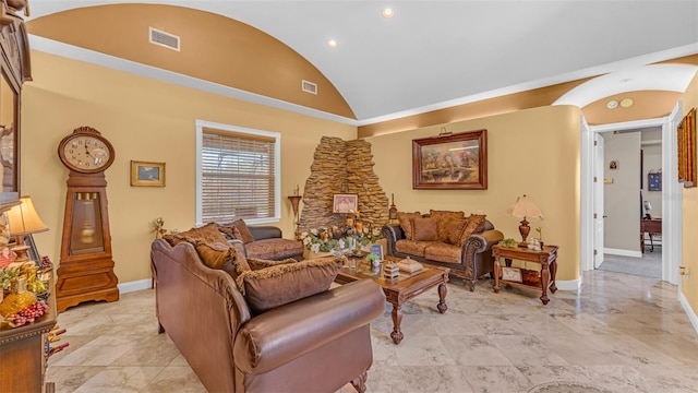 living room with high vaulted ceiling