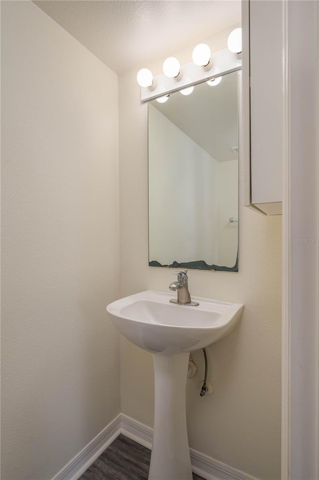 bathroom with hardwood / wood-style floors