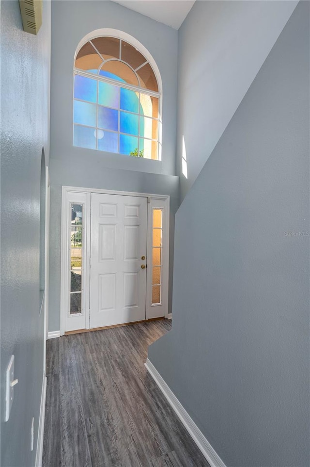 entrance foyer with a high ceiling and dark hardwood / wood-style flooring