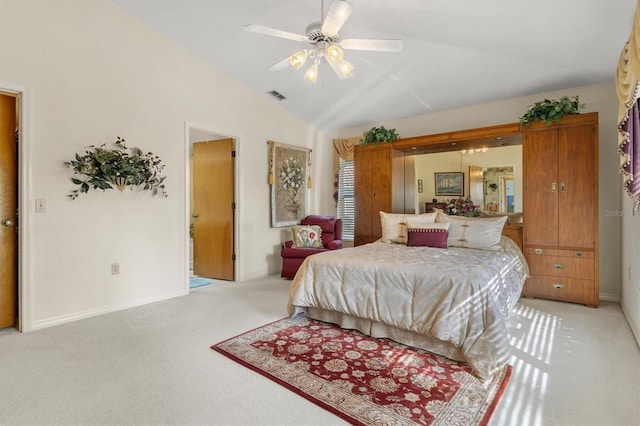 bedroom featuring light carpet, ceiling fan, and lofted ceiling