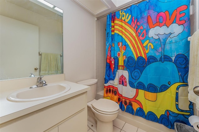 full bathroom featuring toilet, shower / bath combo, tile patterned flooring, and vanity