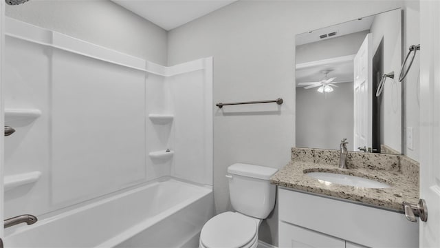 full bathroom with vanity, ceiling fan, shower / tub combination, and toilet