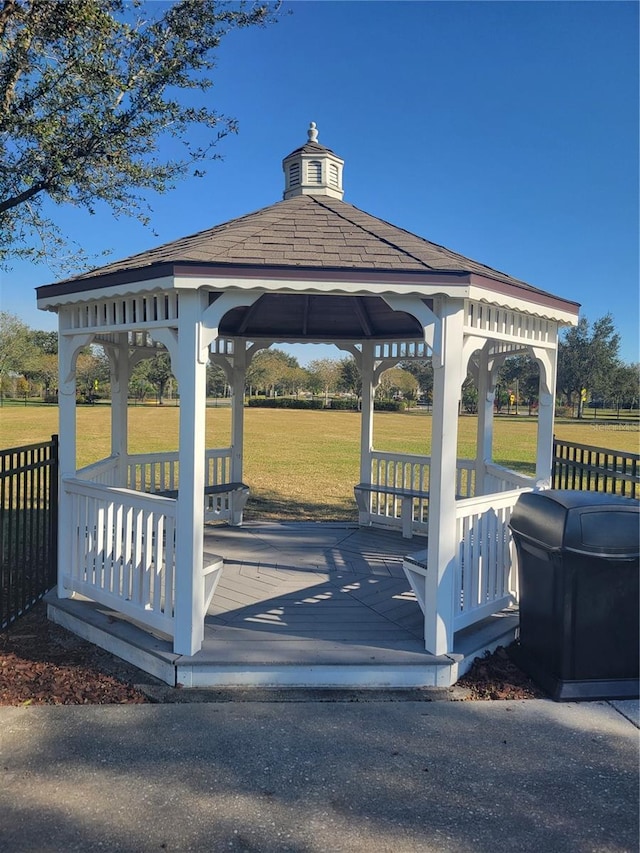 exterior space featuring a gazebo and a lawn