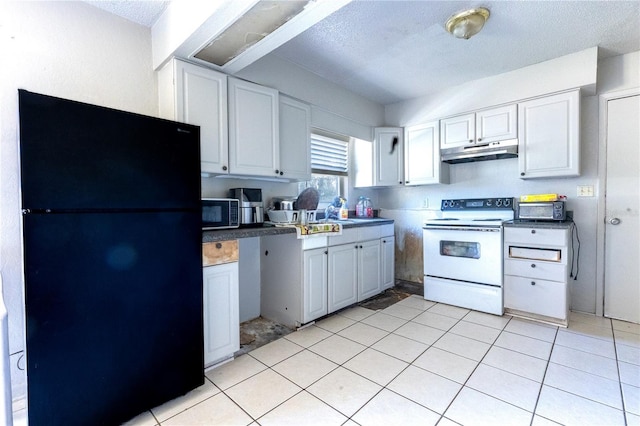 kitchen featuring white cabinetry, black fridge, electric stove, and a textured ceiling