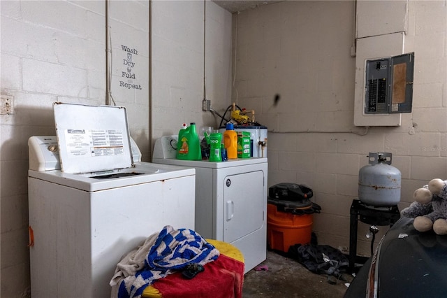 laundry room featuring washer and dryer, electric panel, and water heater