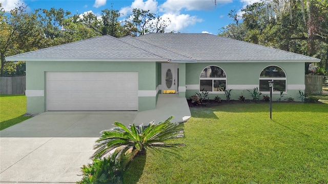 ranch-style house featuring a garage and a front yard