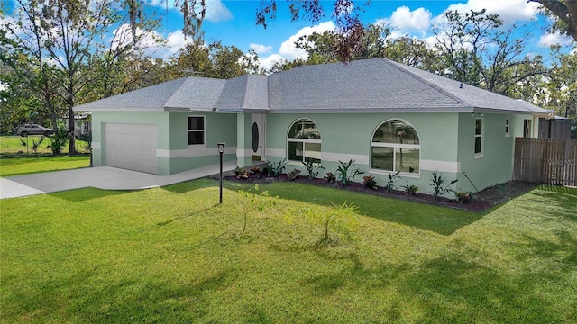 ranch-style home featuring a front yard and a garage