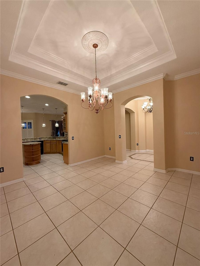 2638 E Knights Griffin Rd, Plant City, FL 33565 - unfurnished room with a tray ceiling, a chandelier, arched walkways, light tile patterned floors, and ornamental molding