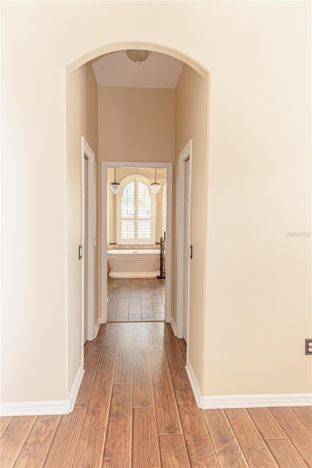 2638 E Knights Griffin Rd, Plant City, FL 33565 - corridor featuring wood finished floors, arched walkways, and baseboards