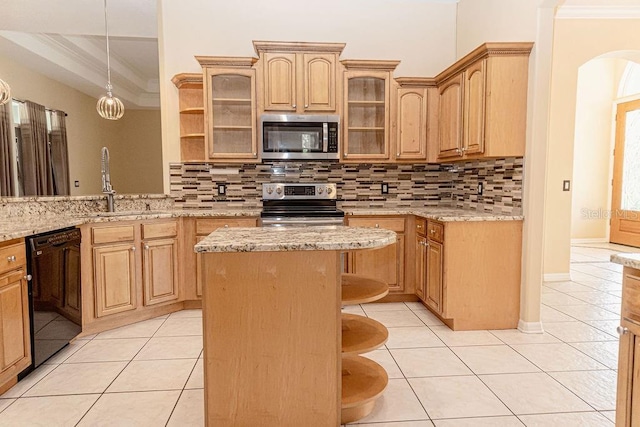 2638 E Knights Griffin Rd, Plant City, FL 33565 - kitchen with stainless steel appliances, open shelves, a sink, light tile patterned flooring, and beam ceiling