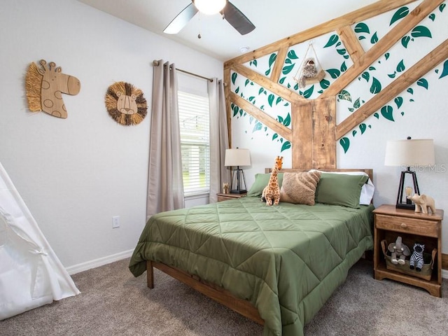 bedroom with ceiling fan and carpet